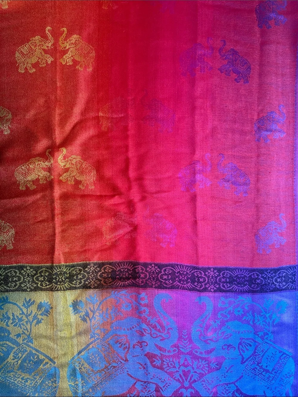 NWOT Pashmina Colorful Rainbow Elephant Print Classic Fringe Scarf 80”X 28”